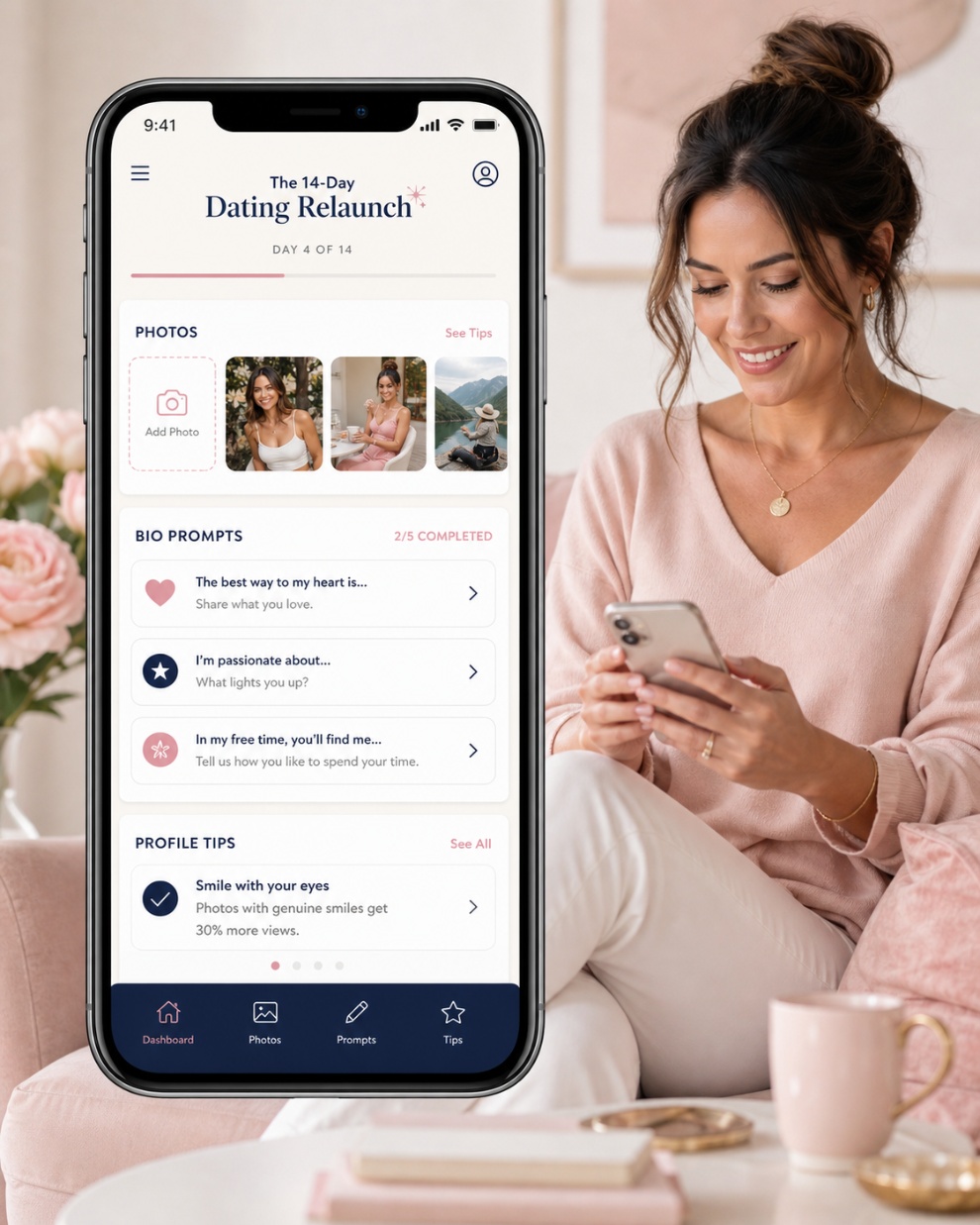 Dating Relaunch course displayed on a phone with profile prompts and photo guidance